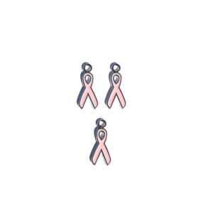 May include: Three pink ribbon charms with a silver finish. The charms are designed to be used on jewelry or other crafts.