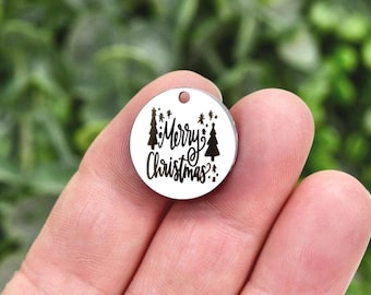 Merry Christmas Charm, Engraved Stainless Steel Holiday Pendant Christmas Tree Tag CC1501