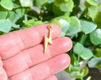 May include: Gold-colored metal charm shaped like a lightning bolt. The charm has a loop at the top for attaching to a necklace or bracelet.