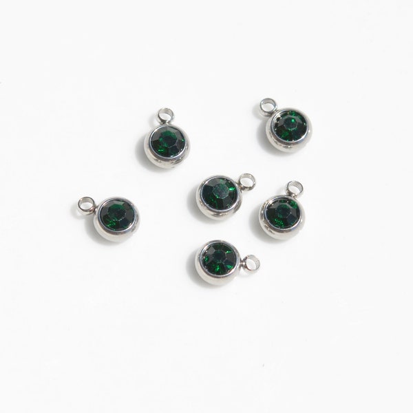 BULK 20 Dark Emerald Green,  Stainless Steel and Glass Birthstone Drop Charms SC5824