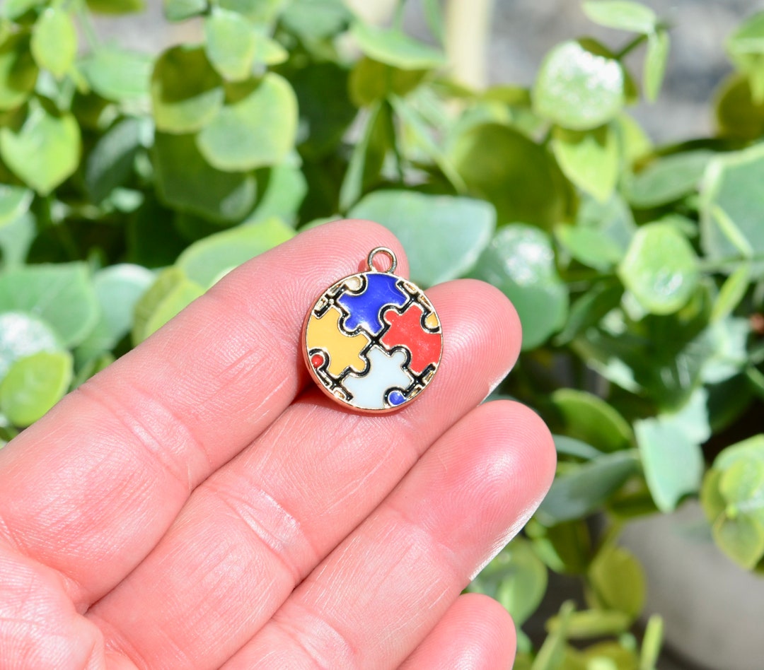 5 Autism Awareness Multi Colored Enamel Puzzle Round Gold Plated Charms ...