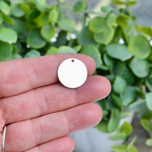 May include: A blank, silver-coloured, round metal charm with a small hole at the top. The charm is held in a person's hand, with green foliage in the background.