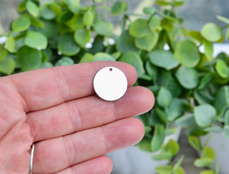 May include: A blank, silver-coloured, round metal charm with a small hole at the top. The charm is held in a person's hand, with green foliage in the background.
