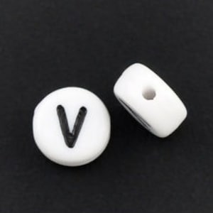 20 White Acrylic Letter V Beads, 7mm Round Alphabet Beads  BD1054