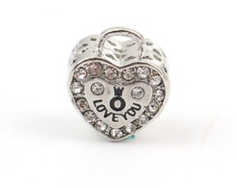 BULK 10 European Rhinestone Love You  Silver Tone Heart Beads  BD265