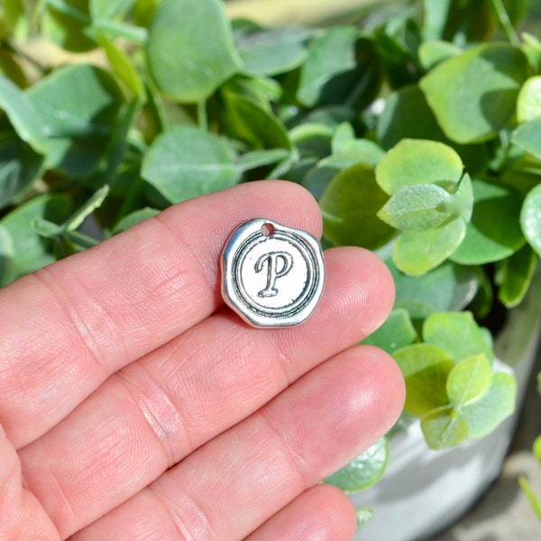 1  Letter P, Wax Stamp Silver Tone Charm SC2165