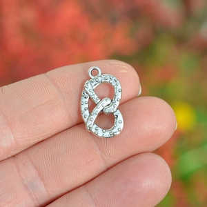 May include: Silver charm in the shape of a pretzel with a textured surface.