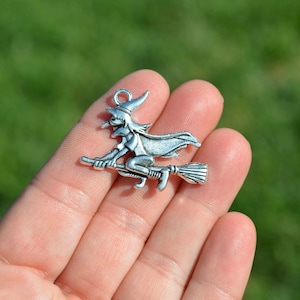 BULK 20  Witch on a Broom Silver Tone Charms SC4008