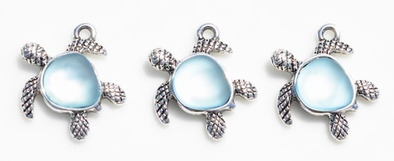 BULK 20 Turtle Silver with Soft Blue Sea Glass Charms SC3646