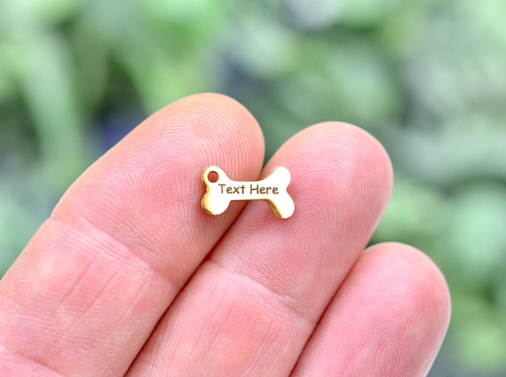 Stainless Steel  Gold Plated Tiny 12mm Dog Bone Shaped Dog Name Laser Engraved Choose your Font Tag EB79E