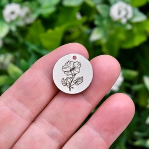 Birth Flower Morning Glory for Month of September, Custom Laser Engraved Stainless Steel Charm CC1667
