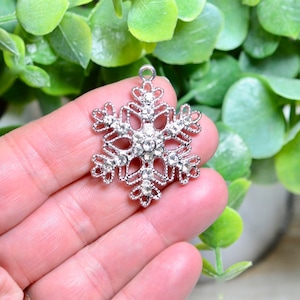 May include: A silver snowflake charm with clear rhinestones. The snowflake is detailed and intricate.