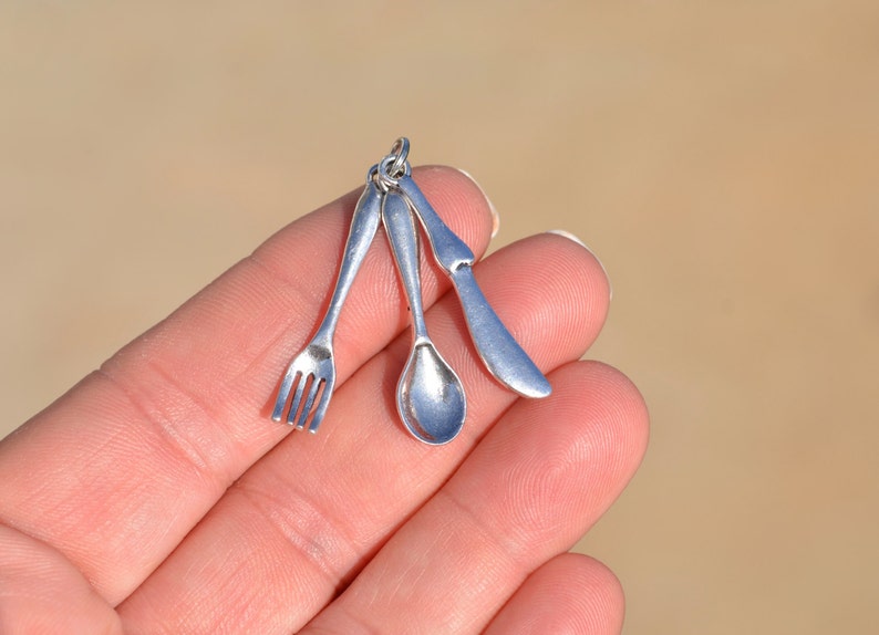 1 Spoon, Fork and Knife Set Silver Tone Charms SC3665 image 2