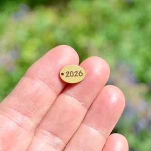 May include: A small, oval-shaped brass tag with the year 2026 engraved on it.