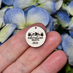 May include: A round, silver-colored charm with a mountain and tree design, and the words "adventure awaits 2026". The charm has a small hole at the top for attaching to a necklace or bracelet. The background is blurred.