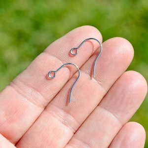 May include: Two silver earring hooks, also known as ear wires, are shown on a hand. The hooks are made of metal and have a small loop at the top.