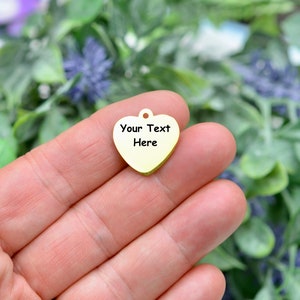 Personalized Gold Stainless Steel Charm, Laser Engraved, Choose Your Font, and Quantity,  Heart Charm EB17E