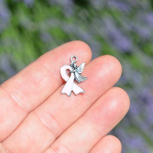 1 Pink Enamel Cancer Awareness Ribbon with an Angel Charm SC6033