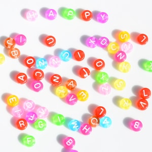 BULK 100 Fluorescent Multi Colored Acrylic Round Letter Beads, 7mm, Mixed Letters, Alphabet Beads  BD510