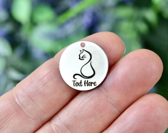 Cat with Your Custom Name or Message Custom Laser Engraved Stainless Steel Charm CC1250