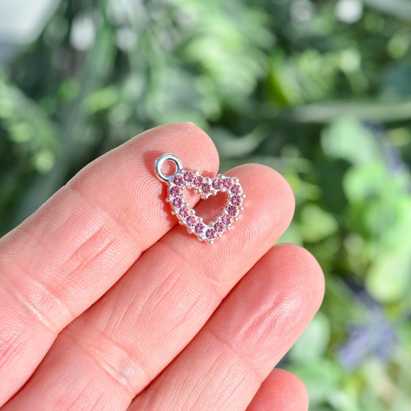 1 Pink Rhinestone Heart Silver Tone Charm SC2336