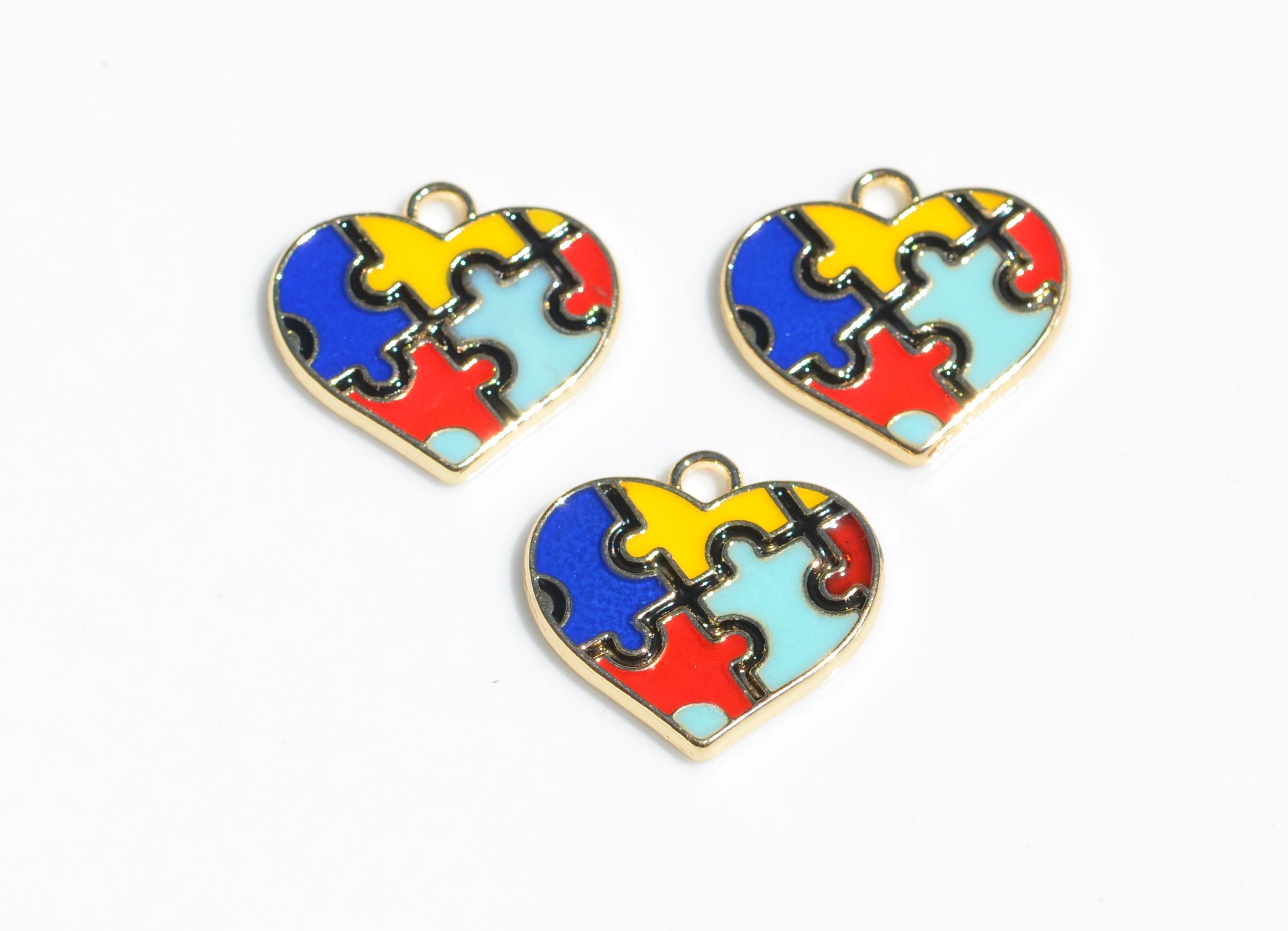5 Autism Awareness Multi Colored Enamel Heart Gold Plated Charms GC6412 ...