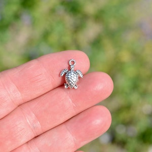 May include: A small, silver-colored turtle charm with detailed shell and flippers. The charm has a loop at the top for attaching to a necklace or bracelet. The background is a soft, blurred green and purple.