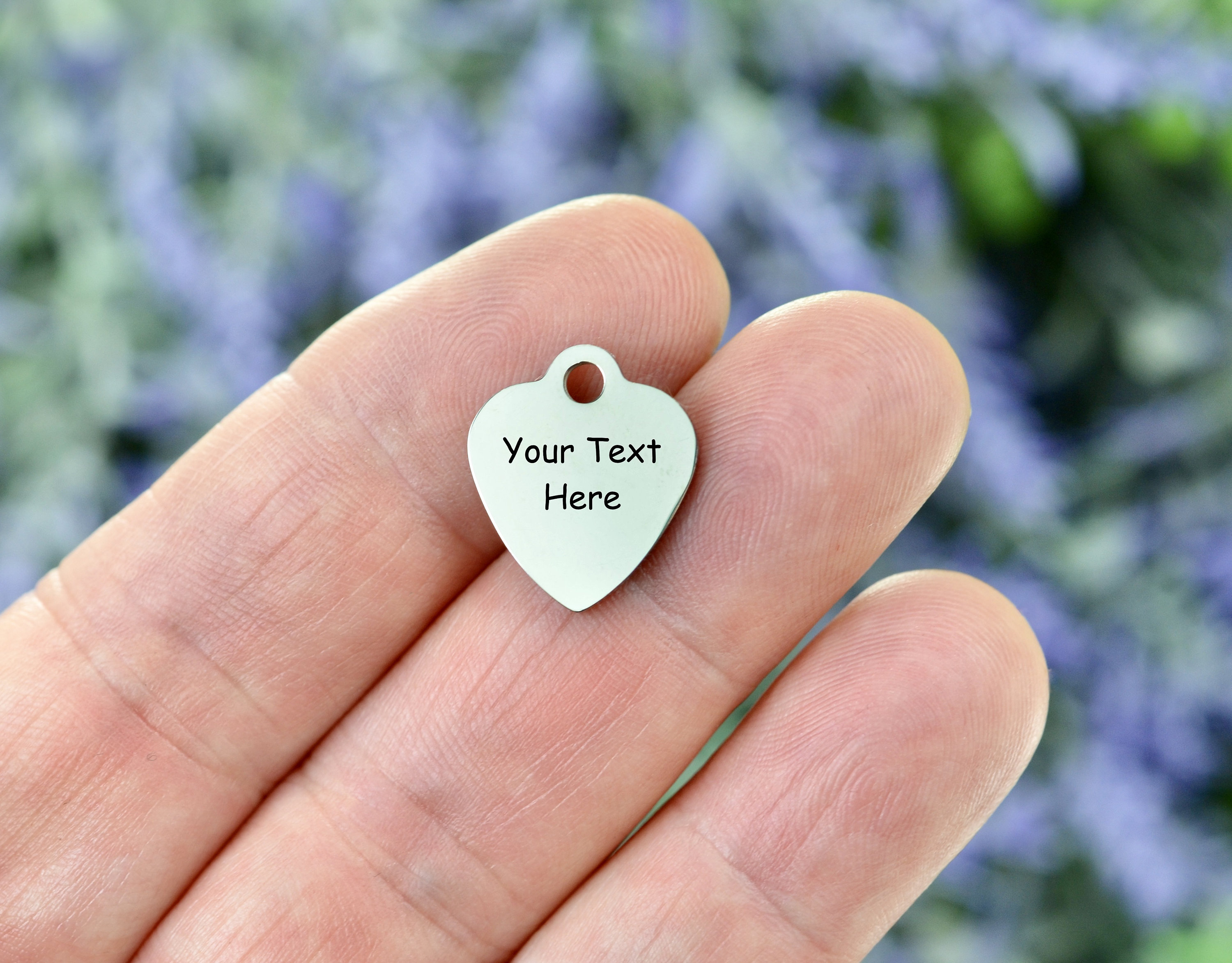 Personalized  Stainless Steel 17mm Heart Charm, Polished on Both Sides, Laser Engraved, Choose Your Font, and Quantity EB214E