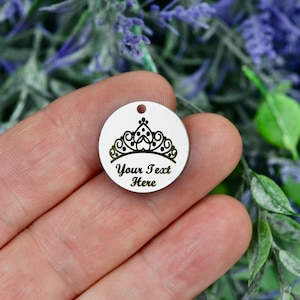 Queen Princess Crown, with Your Personal Name or Message Custom Laser Engraved Stainless Steel Charm CC1403