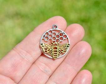 1 Bee and Honeycomb Silver and Gold Tone Round Charm SC2585
