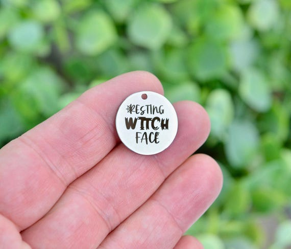 Resting Witch Face Charm, Funny Halloween Engraved Pendant, Stainless Steel Spooky Jewelry DIY Supplies, Witchy Gift Tag CC685