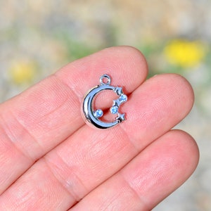 BULK 20  Half Moon  and Blue Glass Stars Silver Tone Charms SC6307