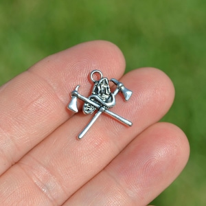 5  Fireman Helmet and Pick Ax  Silver Tone Charms SC4130