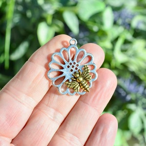 BULK 10 Bee and Flower Silver and Gold Tone Round Charms SC1506