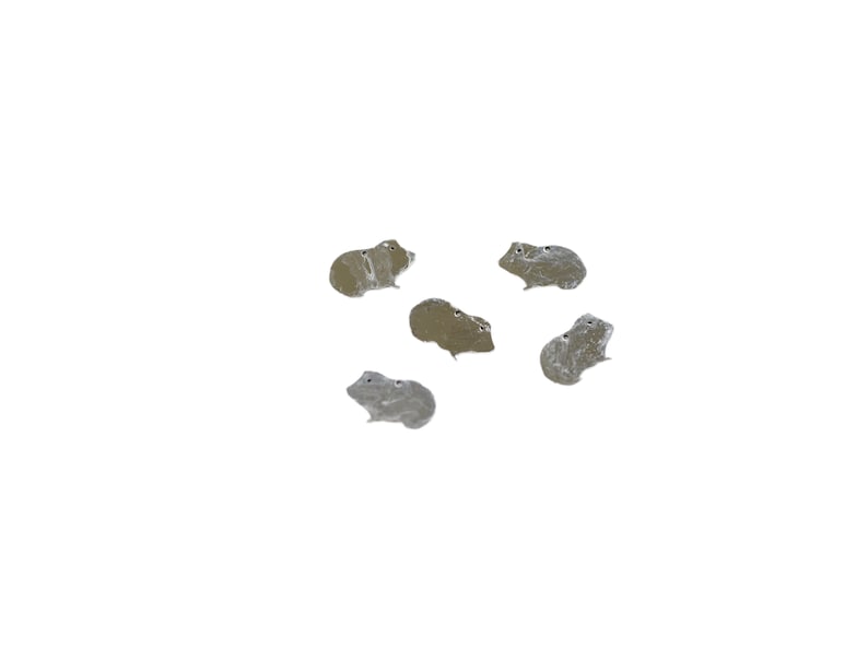 May include: Five silver-colored metal guinea pig figurines. The figurines are all facing the same direction and are arranged in a semi-circle.