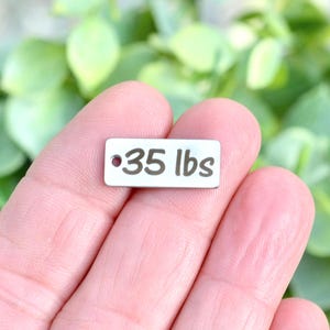 May include: A small, rectangular, silver-coloured metal charm featuring a smooth, polished surface with the text 35 lbs engraved in a dark, sans-serif font. The charm includes a single circular hole on the left side for attachment purposes.