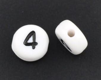 20 White Acrylic Black Number 4 Beads, 7mm Round  Beads  BD439