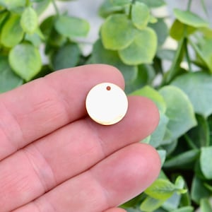 May include: A small, round, gold-colored metal charm with a single hole at the top. The charm is held in a hand against a backdrop of green foliage. This charm is suitable for jewelry making and crafting.