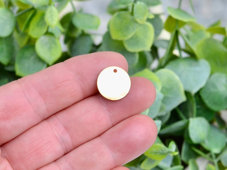May include: A small, round, gold-colored metal charm with a single hole at the top. The charm is held in a hand against a backdrop of green foliage. This charm is suitable for jewelry making and crafting.