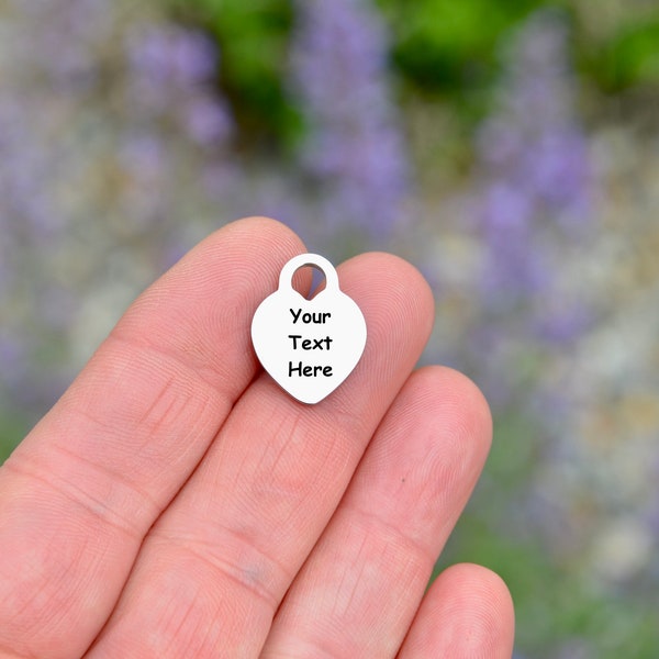 Personalized  Stainless Steel Heart Charm, Laser Engraved, Choose Your Font, and Quantity,  Heart Charm EB35E