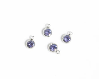BULK 20 Light Amethyst Purple,  Stainless Steel and Glass Birthstone Drop Charms SC5400