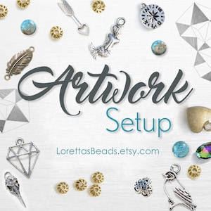 May include: A collection of silver and gold charms and beads on a white background. The charms include a mermaid, a compass, a bird, a heart, a diamond, and a feather. The beads are round and have a gold finish. The text "Artwork Setup" and "LorettasBeads.etsy.com" is also visible.