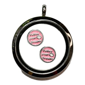 May include: A silver locket necklace with two pink and silver charms that say "Follow your Dreams".