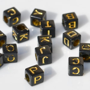 25 Black and Gold Acrylic Letter Beads, 6mm, Mixed Letters, Square Alphabet Beads  BD1005