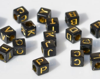 BULK 150 Black and Gold Acrylic Letter Beads, 6mm, Mixed Letters, Square Alphabet Beads  BD1005