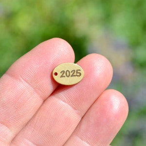 May include: A gold-colored oval charm with the year 2025 engraved on it.