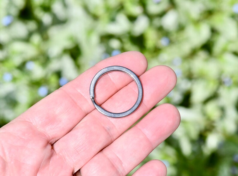 May include: A silver key ring, held in a hand, against a blurred green background.