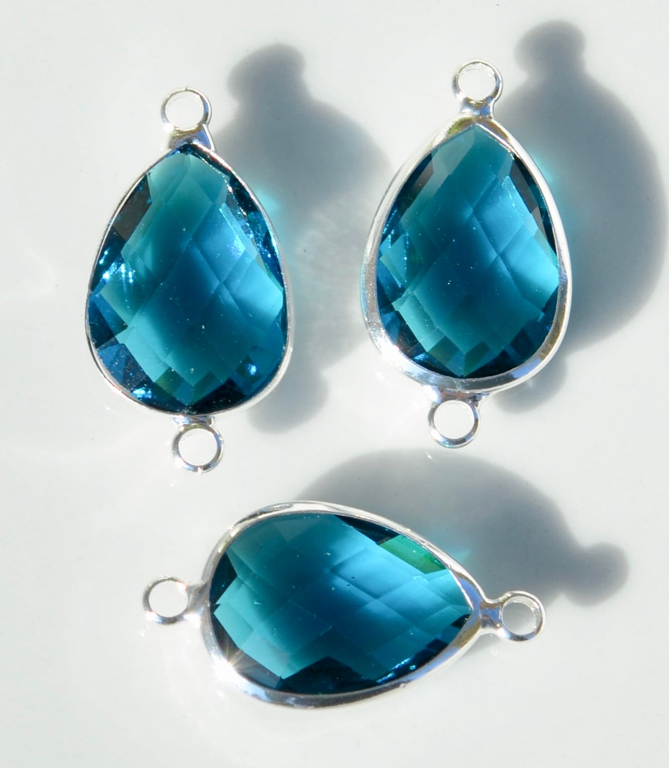 5 Blue Zircon Colored Glass Birthstone Teardrop Connector Charms
