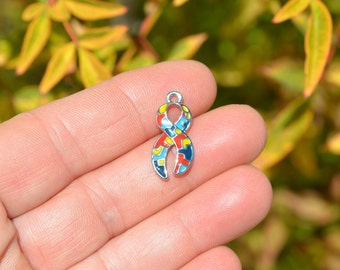 BULK 20 Autism Awareness Ribbon Multi Colored Enamel Charms SC2964