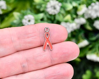May include: A silver charm in the shape of a pink awareness ribbon. The ribbon is a symbol of support for various causes.